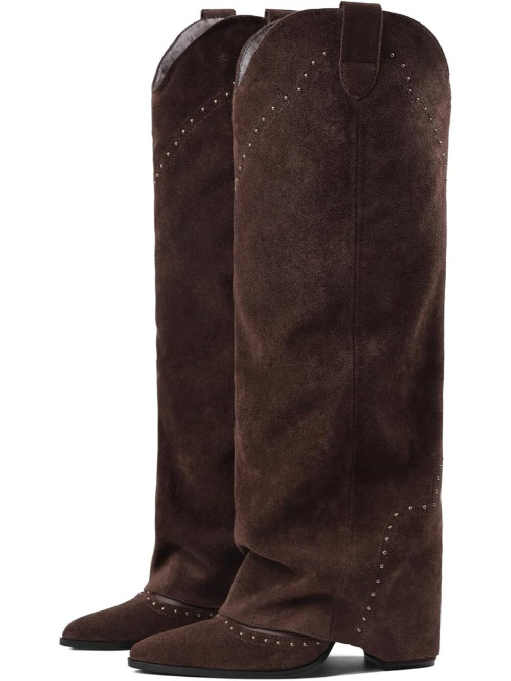 Women's Chocolate Shark Studded Fold Over Knee High Boots Pull On Cowgirl Boots